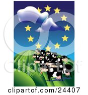 Herd Of Black And White Dairy Cows On A Grassy Hill Under A Circle Of Stars Eating Euro Signs