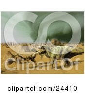 Iguanodon And Coelophysis Dinosaurs Running Through A Sandy Desert With A Storm Brewing In The Distance