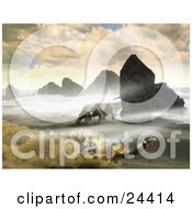 Poster, Art Print Of Arhizaurus And Ticinosuchus Dinosaurs Roaming A Rocky Coastal Beach With Grasses On A Cloudy Day