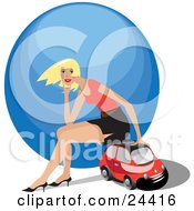 Beautiful Young Blond Woman In Heels And A Skirt Sitting On Top Of A Red Compact Car In Front Of A Blue Globe