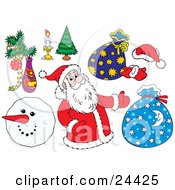 Poster, Art Print Of Christmas Collection Of Santa Toy Sacks Mittens A Santa Hat Christmas Tree Burning Candle And Snowman