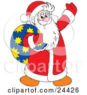 Poster, Art Print Of Santa Claus Being Jolly Waving And Carrying A Toy Sack Over His Shoulder