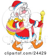 Santa In A Blue Red And White Suit Walking Through The Snow With A Golden Staff And Carrying A Toy Sack