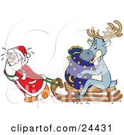 Clipart Illustration Of Santa Sweating And Pulling A Reindeer And Toy Sack On A Wooden Sled