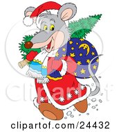 Gray Mouse Dressed As Santa Carrying A Tree And Toy Sack Over His Shoulders