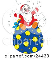 Clipart Illustration Of St Nicholas In His Red And White Suite Sitting On Top Of His Toy Sack And Holding His Arms Out In The Snow