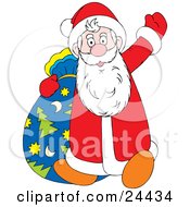 Santa Waving Hello While Walking With His Christmas Tree Star And Moon Patterned Toy Sack