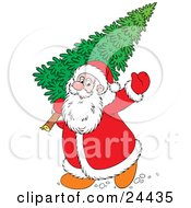 Clipart Illustration Of Santa Waving And Carrying A Large Christmas Tree