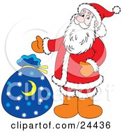 Saint Nick Standing Beside His Blue Toy Sack With Star And Crescent Moons On It