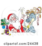 Poster, Art Print Of Santa And A Reindeer Getting Drunk At A Bar The Reindeer Wearing Ornaments On His Antlers