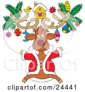 Festive Christmas Reindeer Wearing A Red Jackt And Ornaments On His Antlers