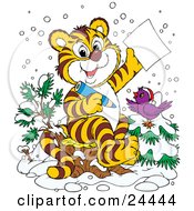 Poster, Art Print Of Jolly Purple Bird In The Snow Wearing A Santa Hat Perched On A Tree By A Tiger Who Is Writing A Dear Santa Letter For Christmas