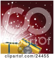 Gold And Silver Disco Ball Ornaments With Yellow Gifts With Blue Ribbons Over A Bright Burst Of Stars On A Red Background