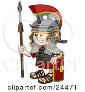 Young Roman Soldier Man In A Helmet Leaning Against His Shield And Holding A Spear