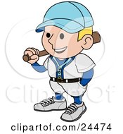 Smiling Baseball Player Man In A Blue And White Uniform Resting A Bat On His Shoulder