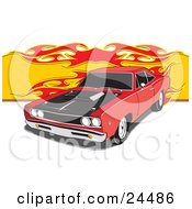 Red 1968 Dodge Super Bee Muscle Car With A Black Hood And Hood Scoop And Dark Tinted Windows With A Flame Background
