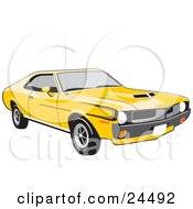 Bright Yellow 1970 Amc Javelin Muscle Car With Hood Scoops Tinted Windows And Black Decals On The Side