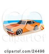Poster, Art Print Of Orange 1972 Ford Maverick Muscle Car With Whitewall Tires And Dark Tinted Windows Parked By A Ball On A Sandy Beach