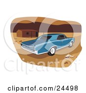 Blue 1966 Pontiac Gto Muscle Car Parked By A Deserted House And A Skull In A Desert Landscape