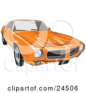 Clipart Illustration Of An Orange 1970 Pontiac Firebird With Hood Scoops As Seen From The Front by David Rey #COLLC24506-0052