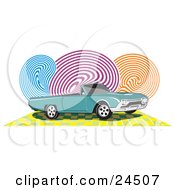 Poster, Art Print Of Teal Ford Thunderbird Car With Black Tinted Windows And A Convertible Top Over A Checkered Yellow Surface With Blue Purple And Orange Swirls In The Background