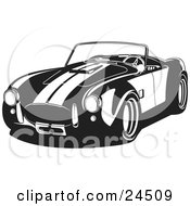Clipart Illustration Of A Convertible 1960 Ac Shelby Cobra Car With Racing Stripes Black And White by David Rey #COLLC24509-0052
