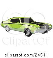 Green 1970 Buick Muscle Car With Black Racing Stripes And Side Decals And Dark Tinted Windows