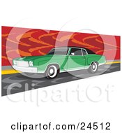 Green 1970 Chevrolet Monte Carlo Muscle Car With White Wall Tires And Dark Tinted Windows Parked By A Red Wall