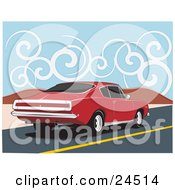 Poster, Art Print Of Red 1970 Plymouth Barracuda Muscle Car Speeding Down A Dessert Road Under A Sky With Swirly Clouds