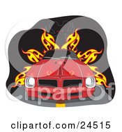 Red 1977 Pontiac Trans Am Firebird With Flames Painted On The Hood And Dark Tinted Windows On A Road In Front Of A Devil And Fire