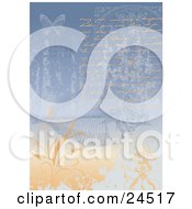 Clipart Picture Of A Love Letter Written In Orange With A Faded Blue And Orange Background With Flowers Plants Fish Fossils And Butterflies