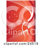 Clipart Picture Of A Delicate White Snowflake Christmas Baubles Hanging Over A Gradient Orange And Red Background With Spirals And Snowflakes by Eugene