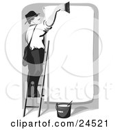 Clipart Picture Of A Man Smiling And Standing On A Ladder Cleaning Off A Blank Billboard Preparing For The Next Advertisement