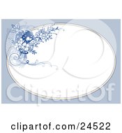 Poster, Art Print Of Cluster Of Blue And White Blossoms And Flourishes On The Corner Of A Blank White Oval Frame