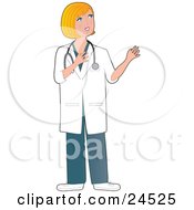 Clipart Illustration Of A Pretty Blond Caucasian Nurse Doctor Or Veterinarian Woman Wearing A Stehoscope And Gesturing With Her Hands While Talking