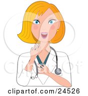 Poster, Art Print Of Expressive Blond Caucasian Nurse Doctor Or Veterinarian Woman Wearing A Stehoscope And Showing A Look Of Surprise
