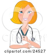 Clipart Illustration Of A Pretty Blond Caucasian Nurse Doctor Or Veterinarian Woman Wearing A Stehoscope And Touching Her Chest While Smiling And Talking To A Patient