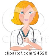 Blond Caucasian Nurse Doctor Or Veterinarian Woman Wearing A Stehoscope And Facing Front While Listening To A Patient