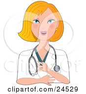 Poster, Art Print Of Blond Caucasian Nurse Doctor Or Veterinarian Woman Wearing A Stehoscope And Touching Her Chest While Smiling