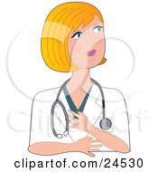 Poster, Art Print Of Pretty Blond Caucasian Nurse Doctor Or Veterinarian Woman Wearing A Stehoscop Looking Off To The Right While In Thought