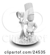 Clipart Illustration Of A White Character In A Chefs Hat Standing On A Plate With A Spoon Fork And Butter Knife by KJ Pargeter