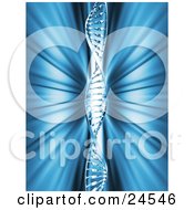 Clipart Illustration Of A Single DNA Double Helix Strand Over A Blue Background With Light Rays