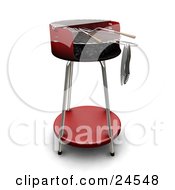Clipart Illustration Of A Wood Handled Utensils On A Red BBQ Grill by KJ Pargeter