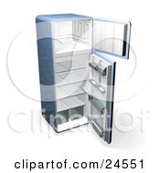 Blue Refrigerator With Open Doors Showing An Empty Freezer And Cooling Section