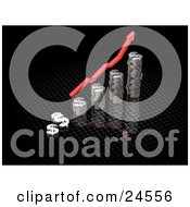 Clipart Illustration Of A Red Increase Arrow Above A Bar Graph Made Of Chrome Dolalr Signs Over Black