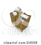 Poster, Art Print Of Gallon Of Milk Carton Of Orange Juice And Tin Cans In Paper Shopping Bags