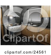 Poster, Art Print Of Modern Kitchen Interior With A Fan Over A Gas Oven And A Dual Bowl Sink With Tile Flooring And Wood Cabinets