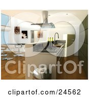 Clipart Illustration Of A Modern Kitchen Interior With A Fan Over A Gas Oven Bar Counter Chrome Trash Can Modern Table And Chairs In The Dining Room And A Green Fridge And Cabinets by KJ Pargeter