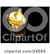 Clipart Illustration Of A Golden Piggy Bank On Top Of A Reflective Black Surface