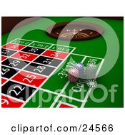 Poster, Art Print Of Stacks Of Red Blue And Green Poker Chips On A Green Roulette Table Near The Wheel